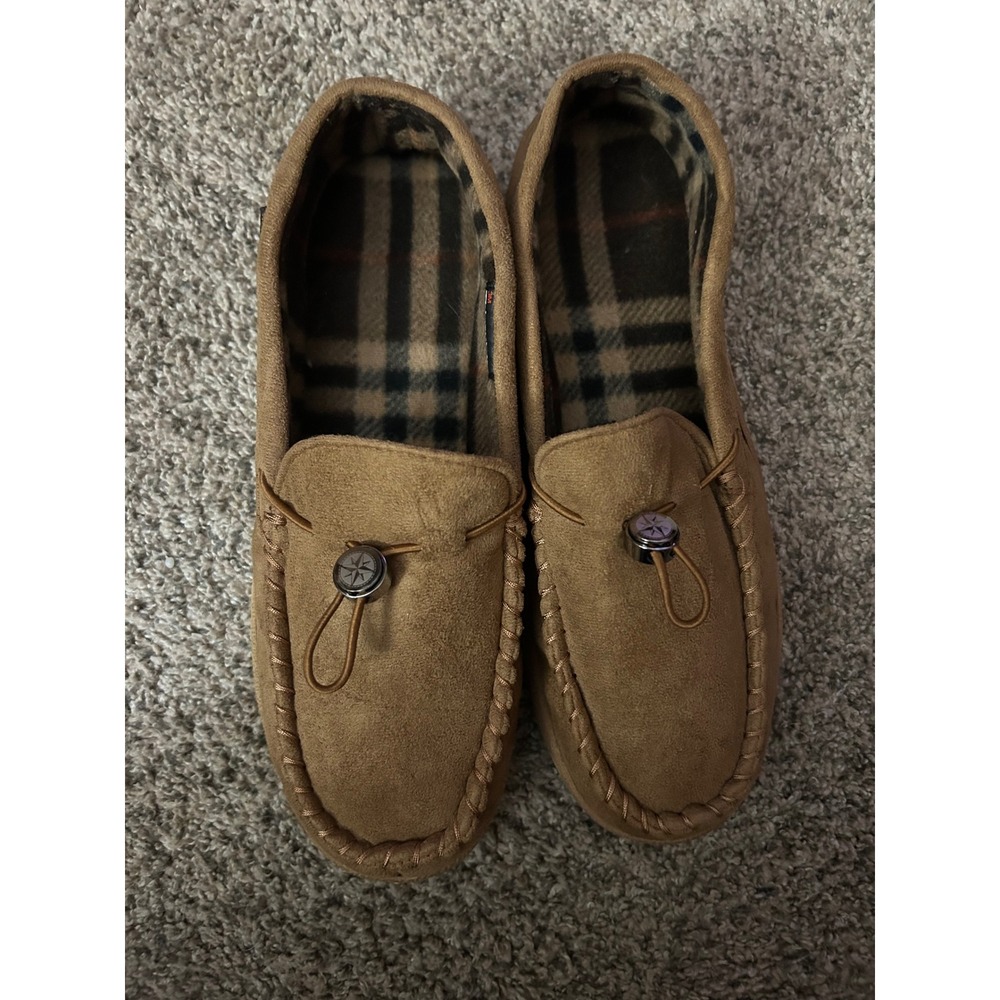 Weatherproof Mens Size M Tan Moccasin Slippers Plaid Lined Toggle Size M 9-10